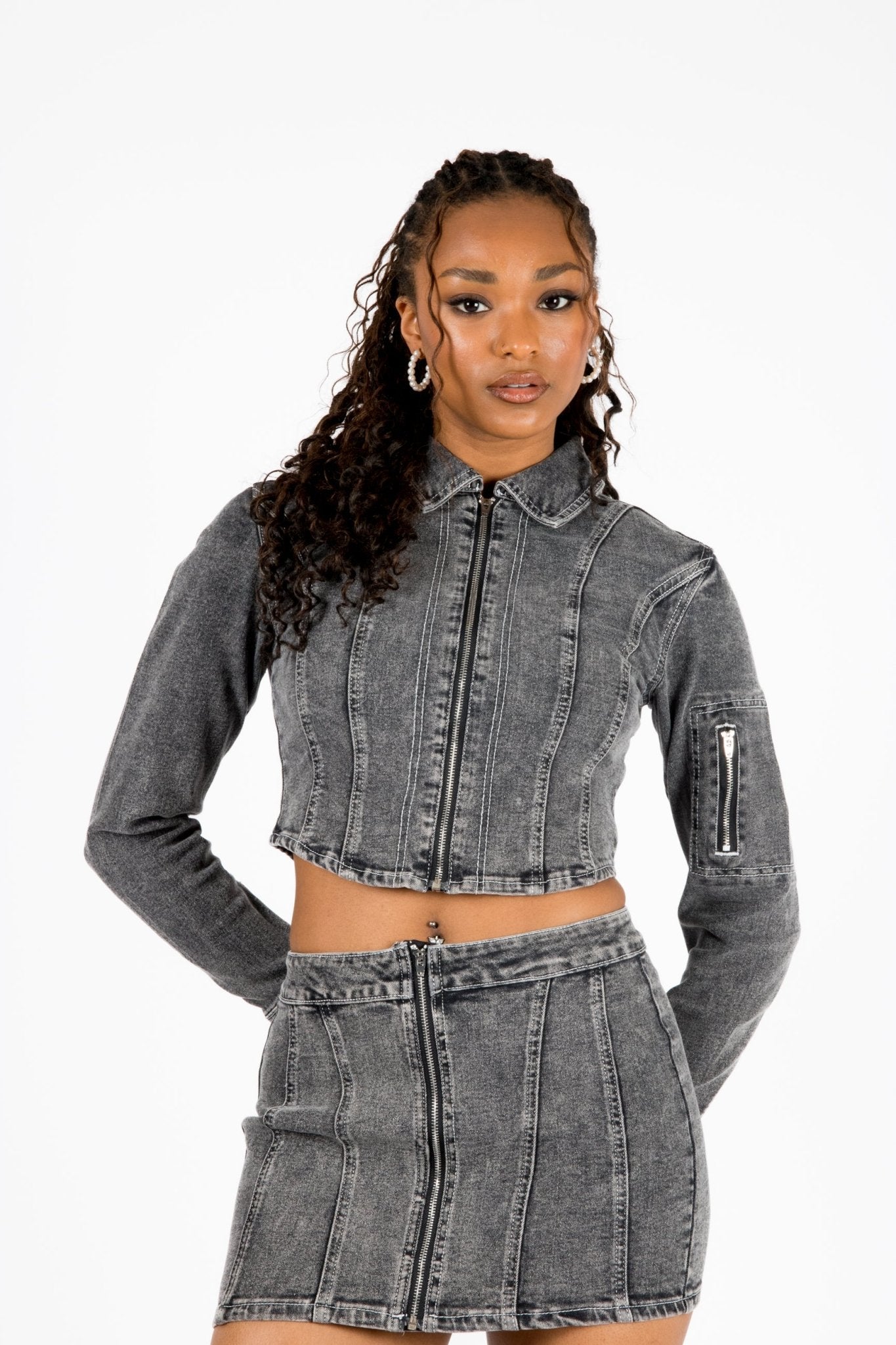 Acid - Wash Grey Contrast Stitch Cropped Denim Jacket - Liquor n Poker