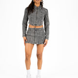 Acid - Wash Grey Contrast Stitch Cropped Denim Jacket - Liquor n Poker