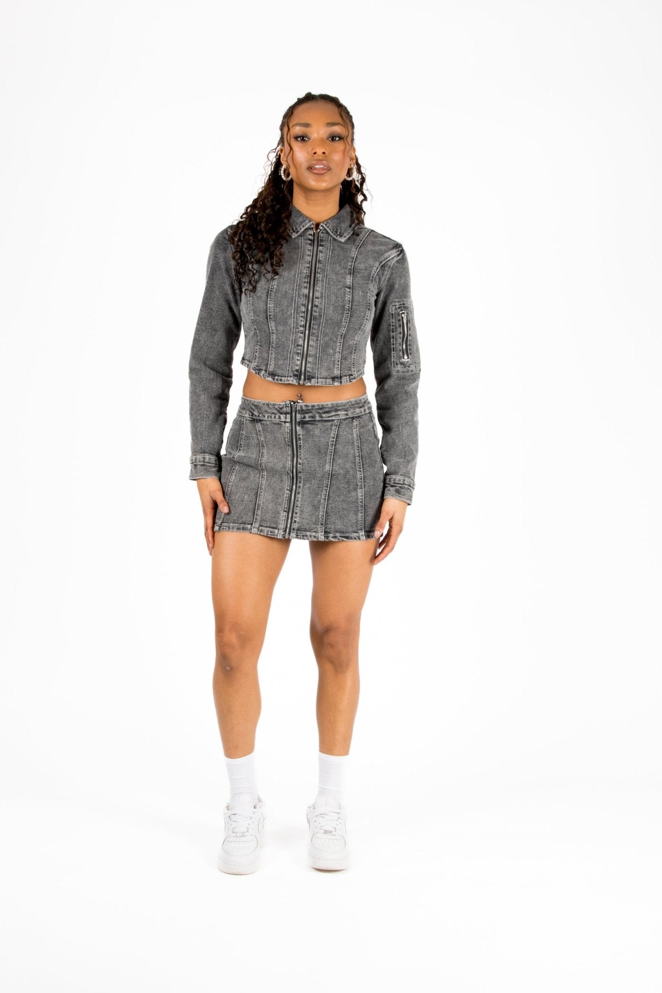 Acid - Wash Grey Contrast Stitch Cropped Denim Jacket - Liquor n Poker