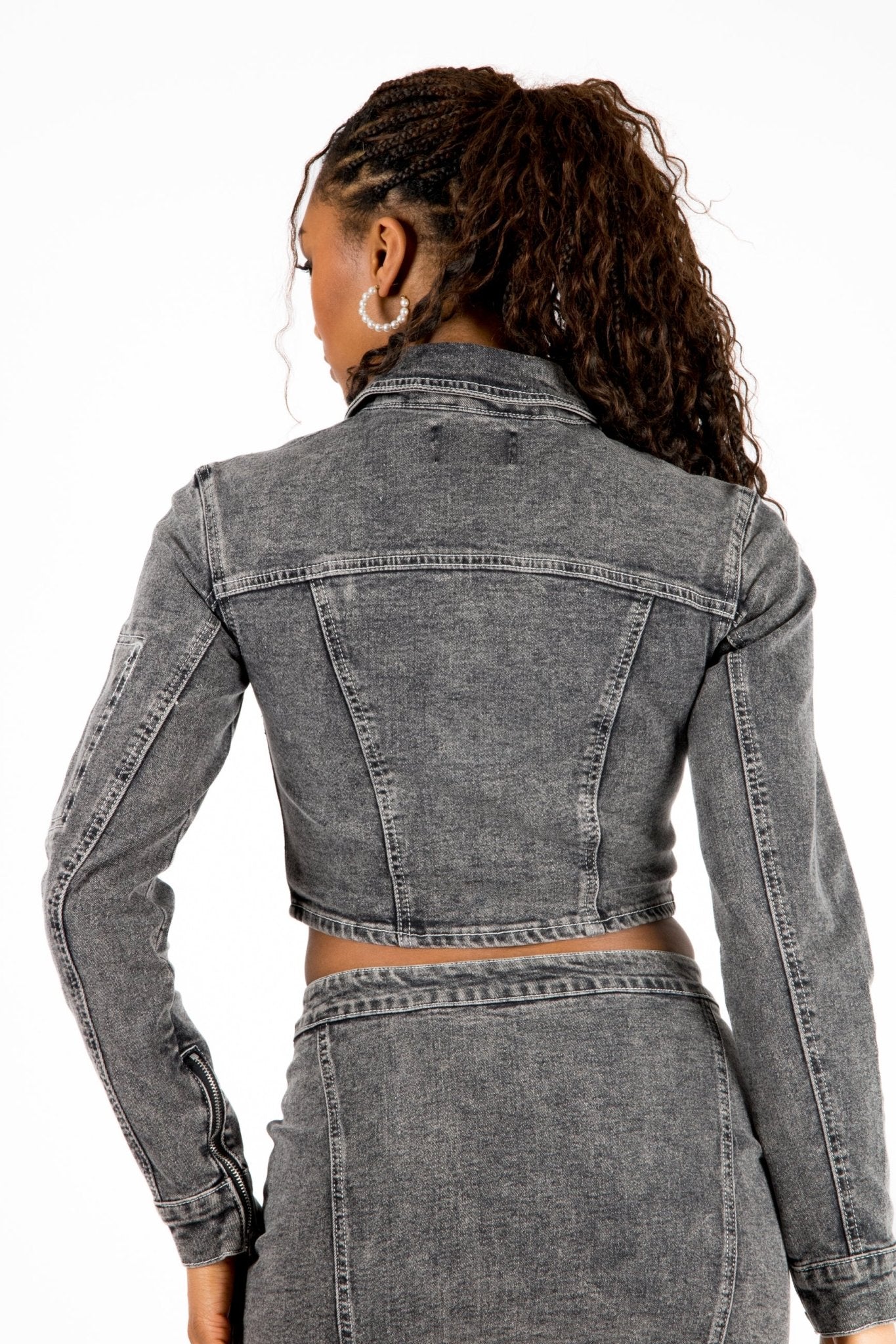 Acid - Wash Grey Contrast Stitch Cropped Denim Jacket - Liquor n Poker