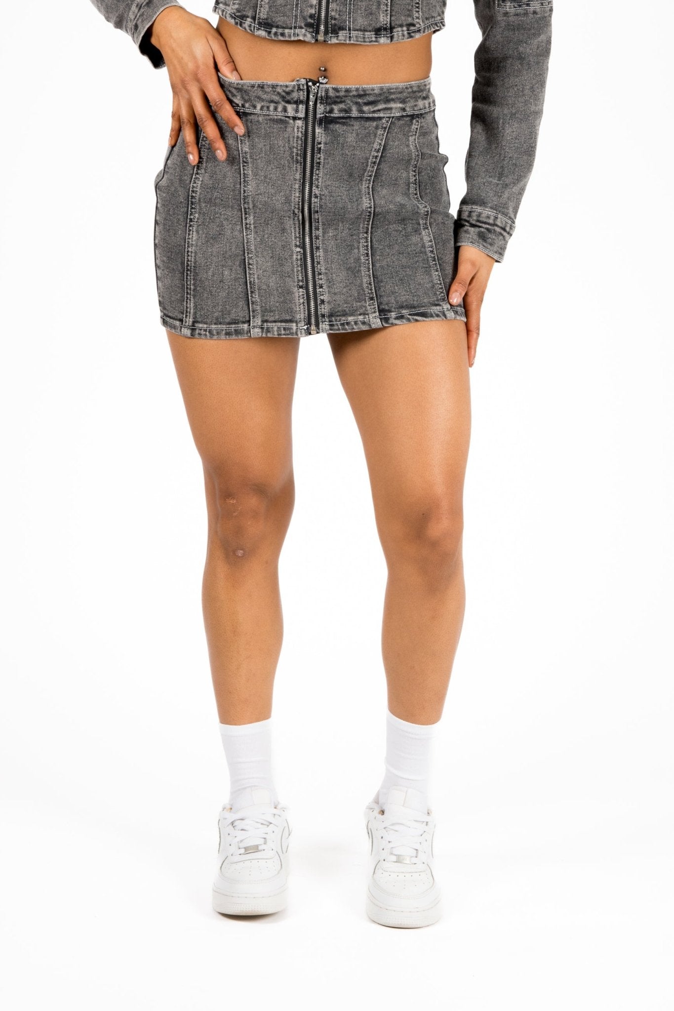 Acid - Wash Grey Contrast Stitch Denim Mini Skirt - Liquor n Poker