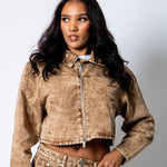 ALEX – Brown Acid Wash Boxy Zip‑Through Denim Jacket - Liquor n Poker