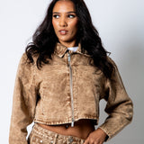 ALEX – Brown Acid Wash Boxy Zip‑Through Denim Jacket - Liquor n Poker