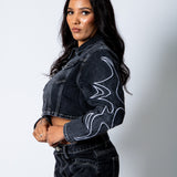 ALEX – Washed Black Boxy Denim Jacket with Applique Detail - Liquor n Poker