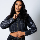 ALEX – Washed Black Boxy Denim Jacket with Applique Detail - Liquor n Poker