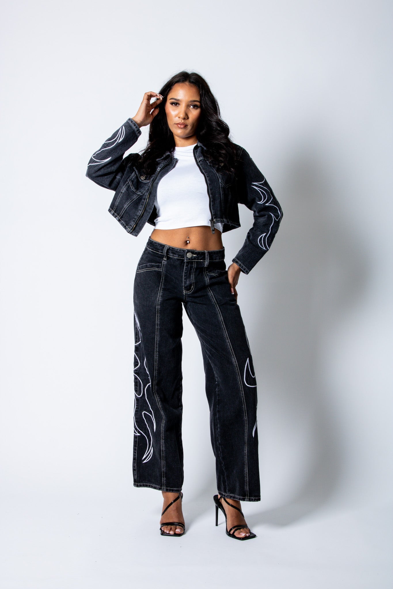 ALEX – Washed Black Boxy Denim Jacket with Applique Detail - Liquor n Poker