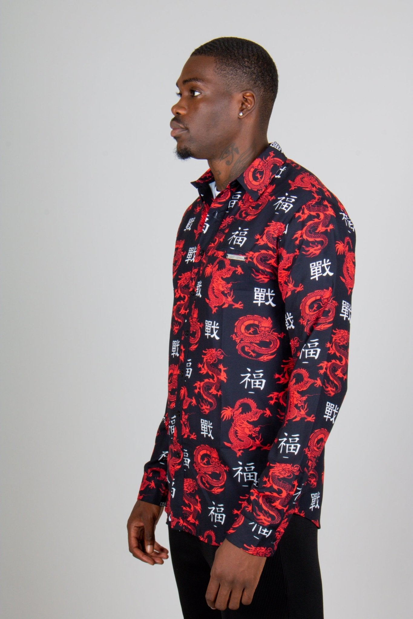 All - Over Dragon Print Long Sleeve Black Shirt - Liquor n Poker