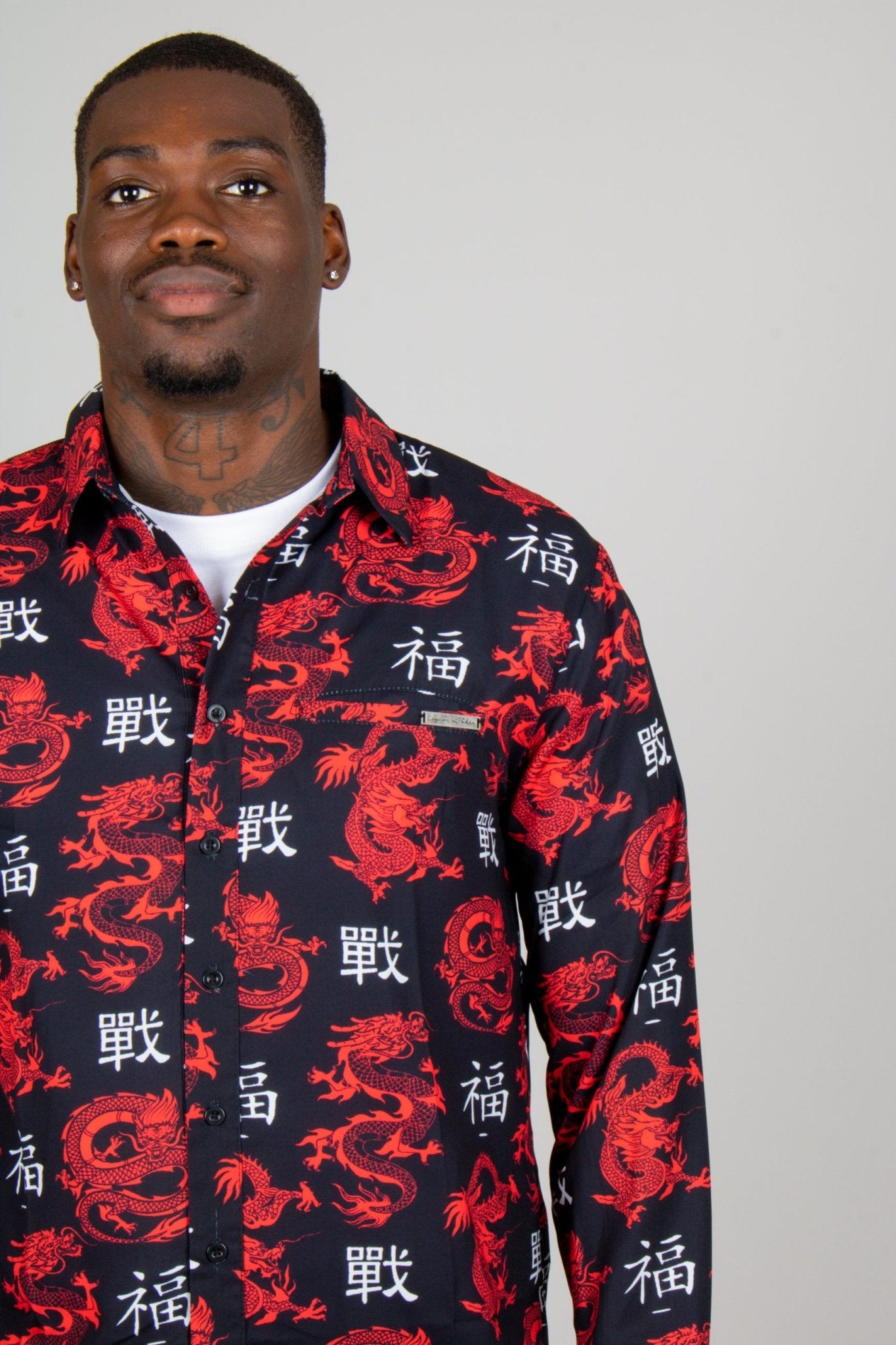 All - Over Dragon Print Long Sleeve Black Shirt - Liquor n Poker