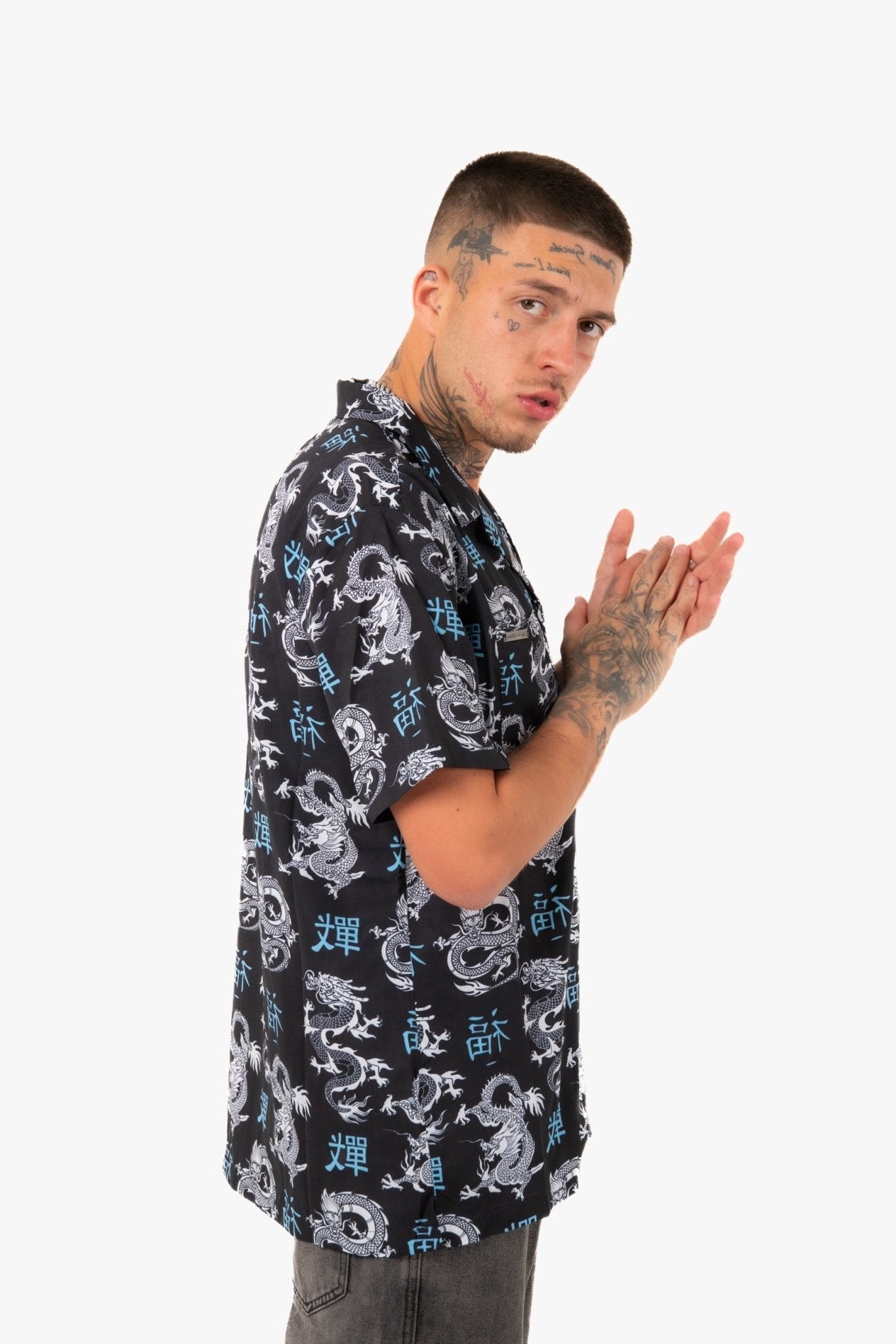 All - Over Dragon Print Short Sleeve Black Shirt - Liquor n Poker