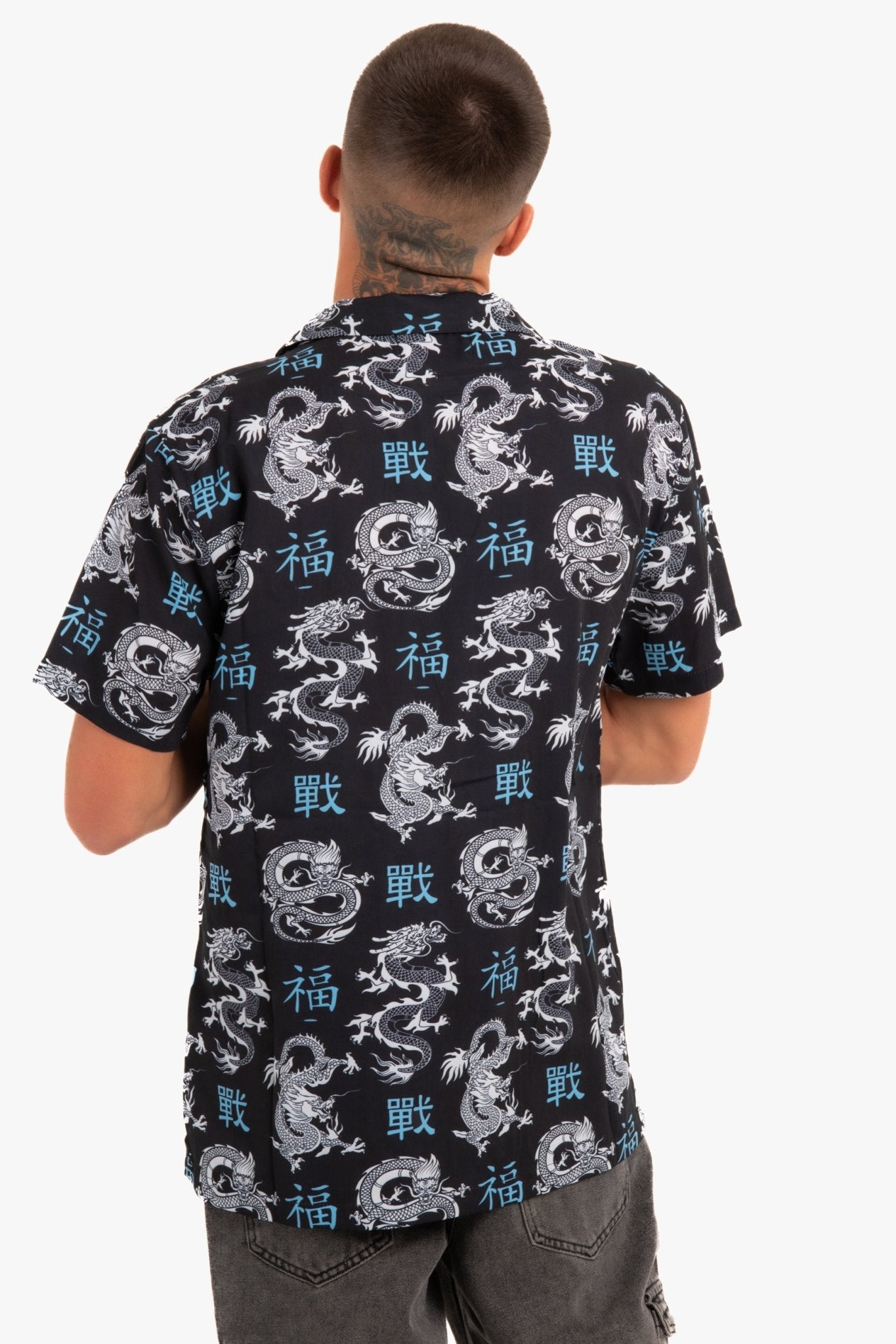 All - Over Dragon Print Short Sleeve Black Shirt - Liquor n Poker