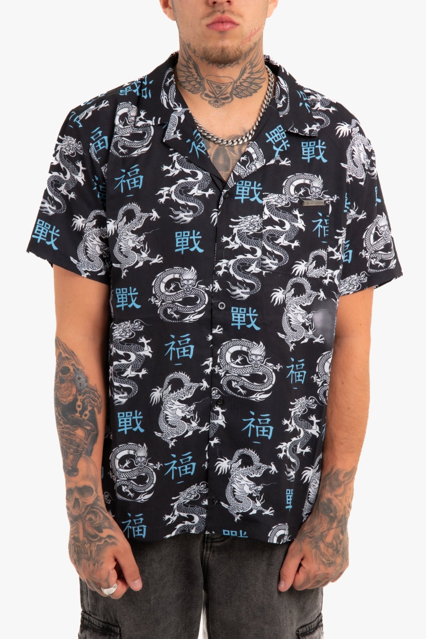 All - Over Dragon Print Short Sleeve Black Shirt - Liquor n Poker