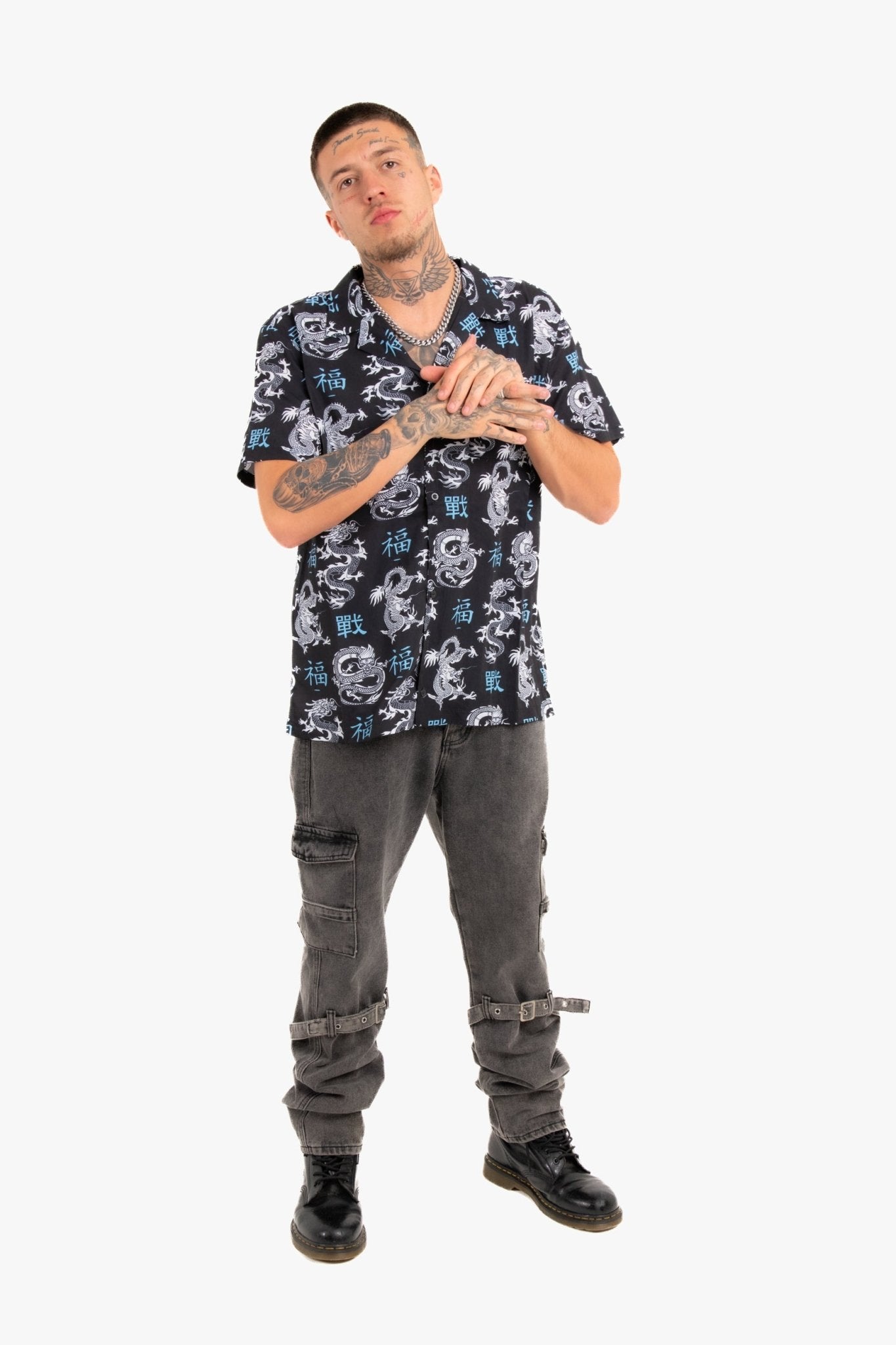 All - Over Dragon Print Short Sleeve Black Shirt - Liquor n Poker