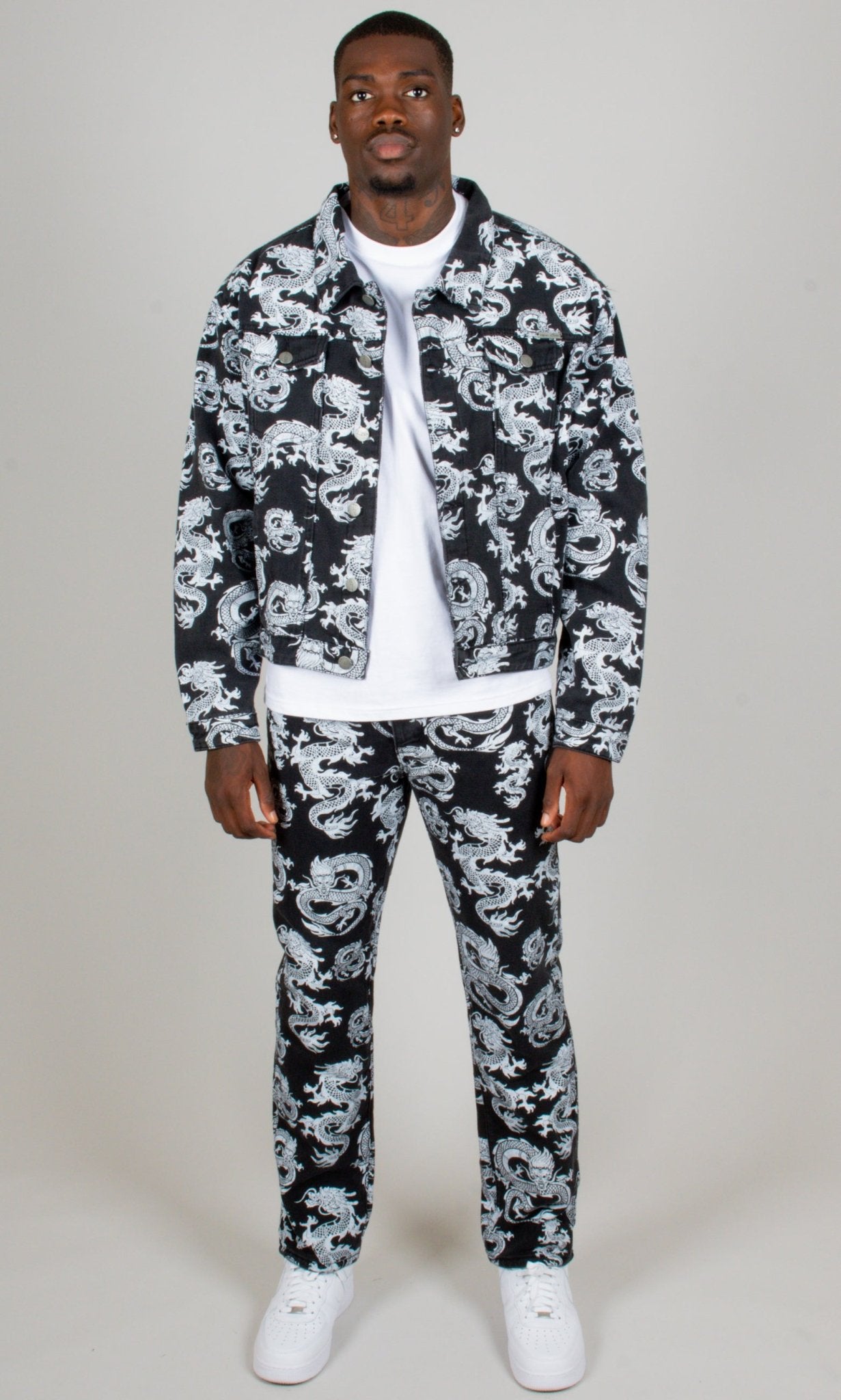 All - Over Dragon Print Straight Leg Black Jeans - Liquor n Poker