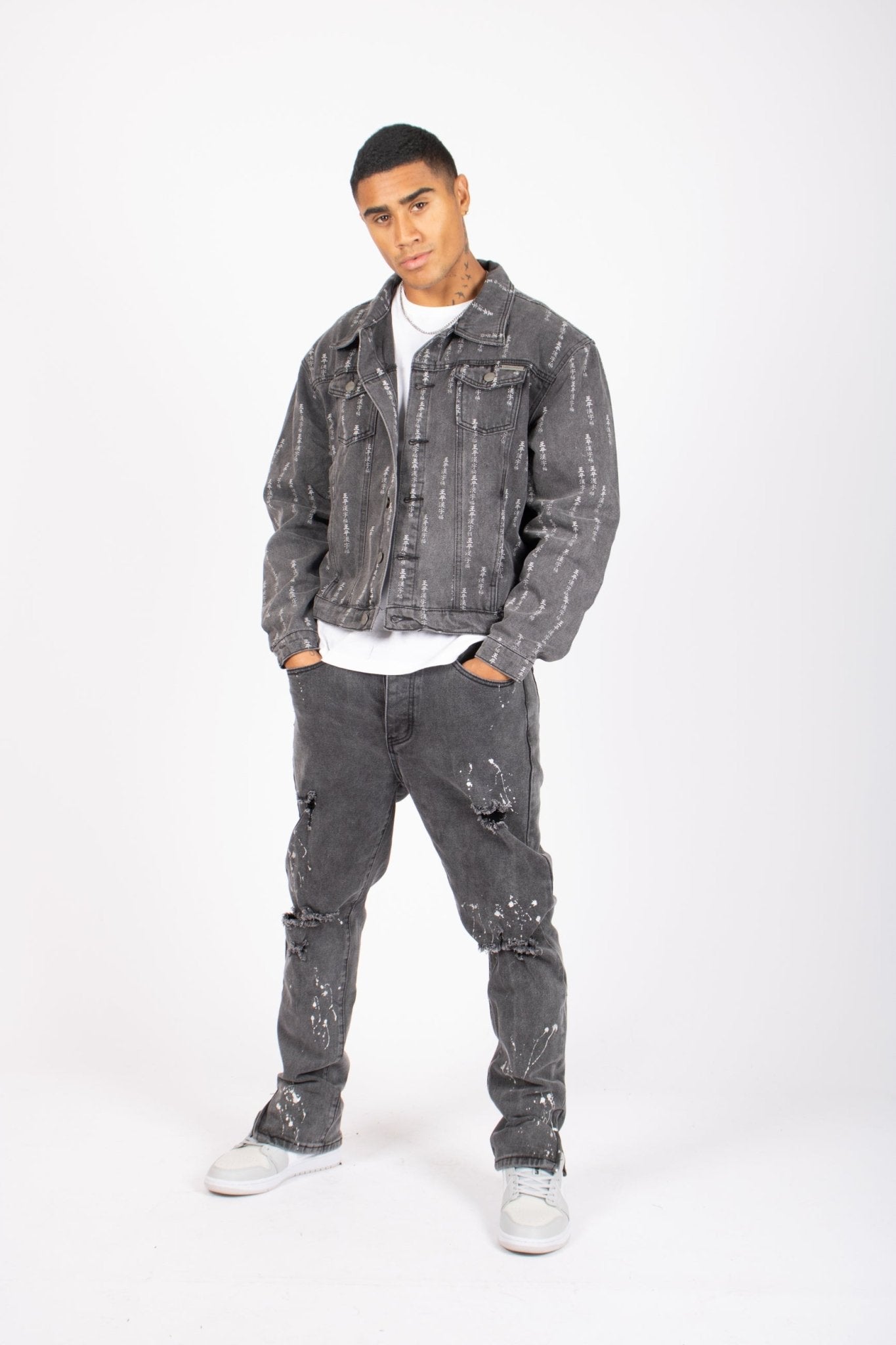 All - Over Japanese Text Oversized Washed Black Trucker Jacket - Liquor n Poker