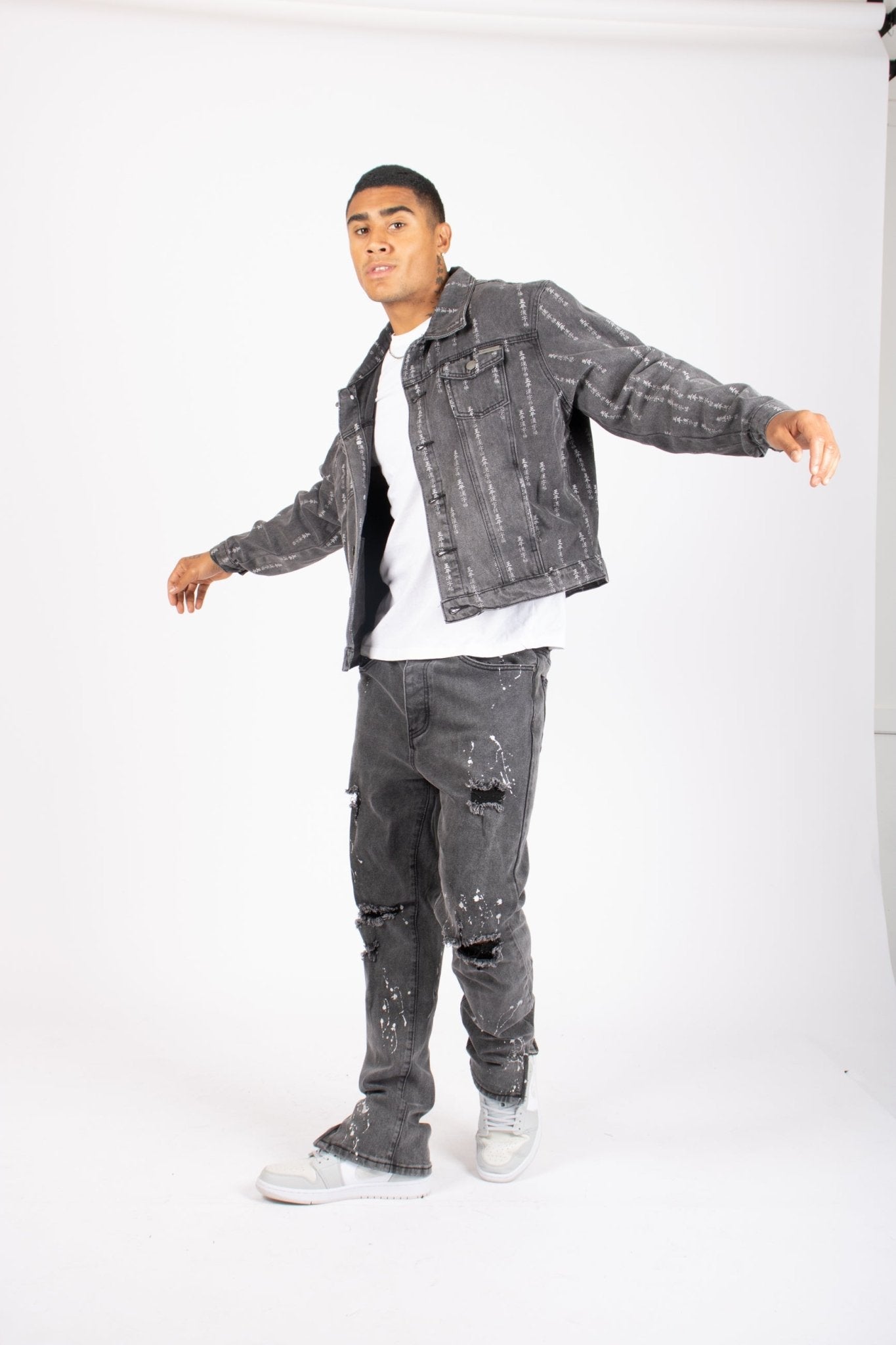 All - Over Japanese Text Oversized Washed Black Trucker Jacket - Liquor n Poker