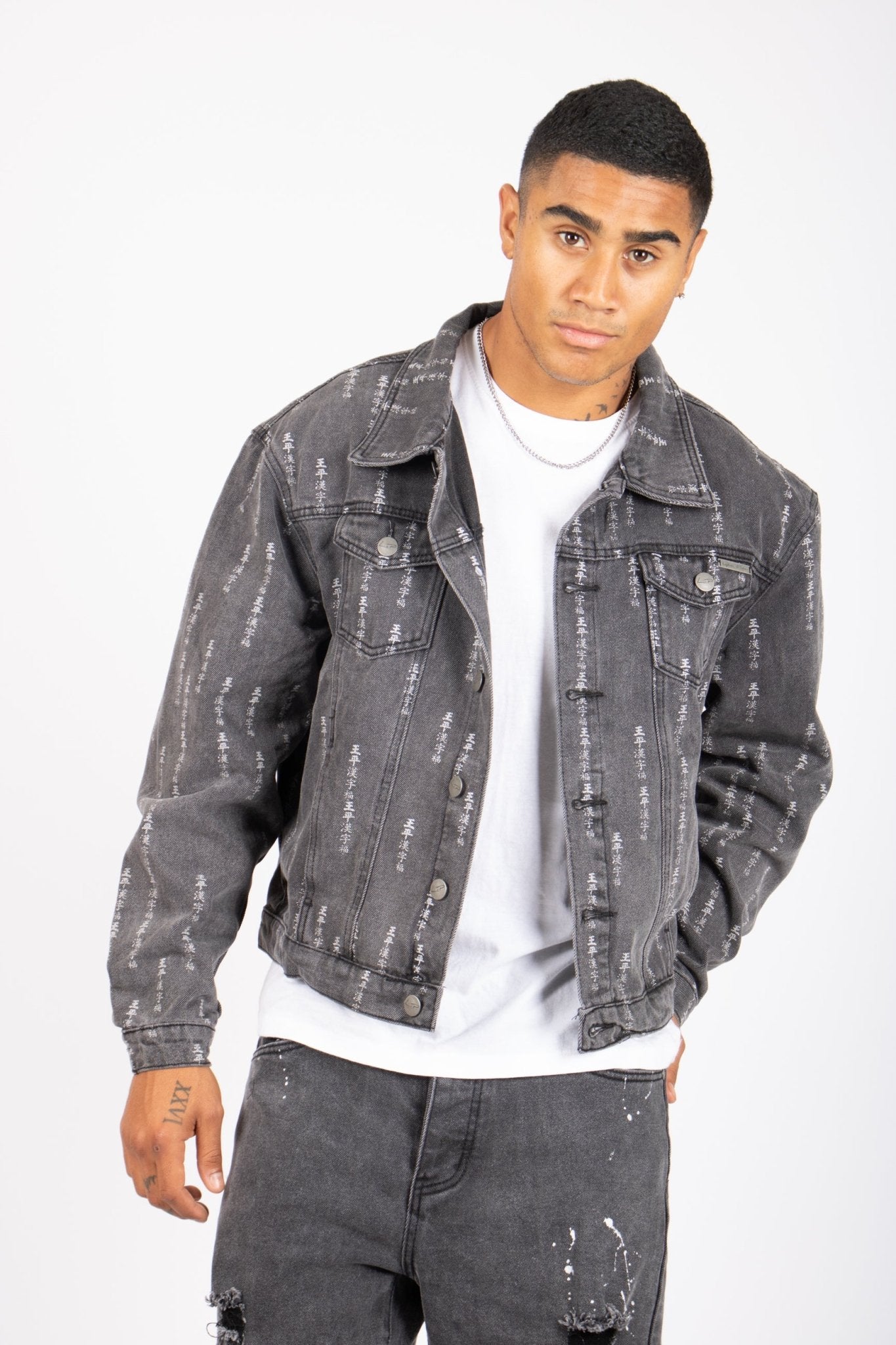 All - Over Japanese Text Oversized Washed Black Trucker Jacket - Liquor n Poker