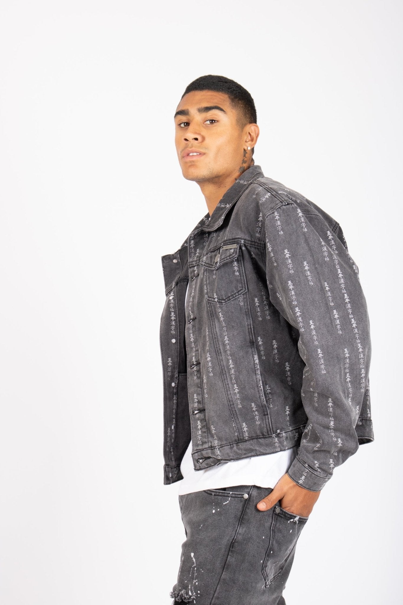 All - Over Japanese Text Oversized Washed Black Trucker Jacket - Liquor n Poker