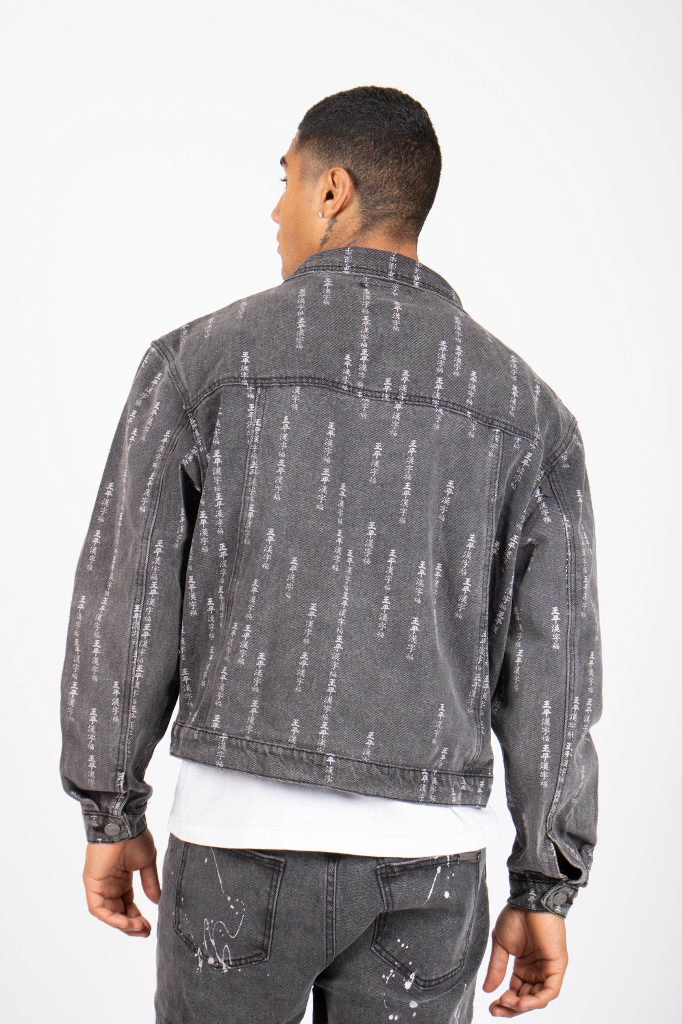 All - Over Japanese Text Oversized Washed Black Trucker Jacket - Liquor n Poker