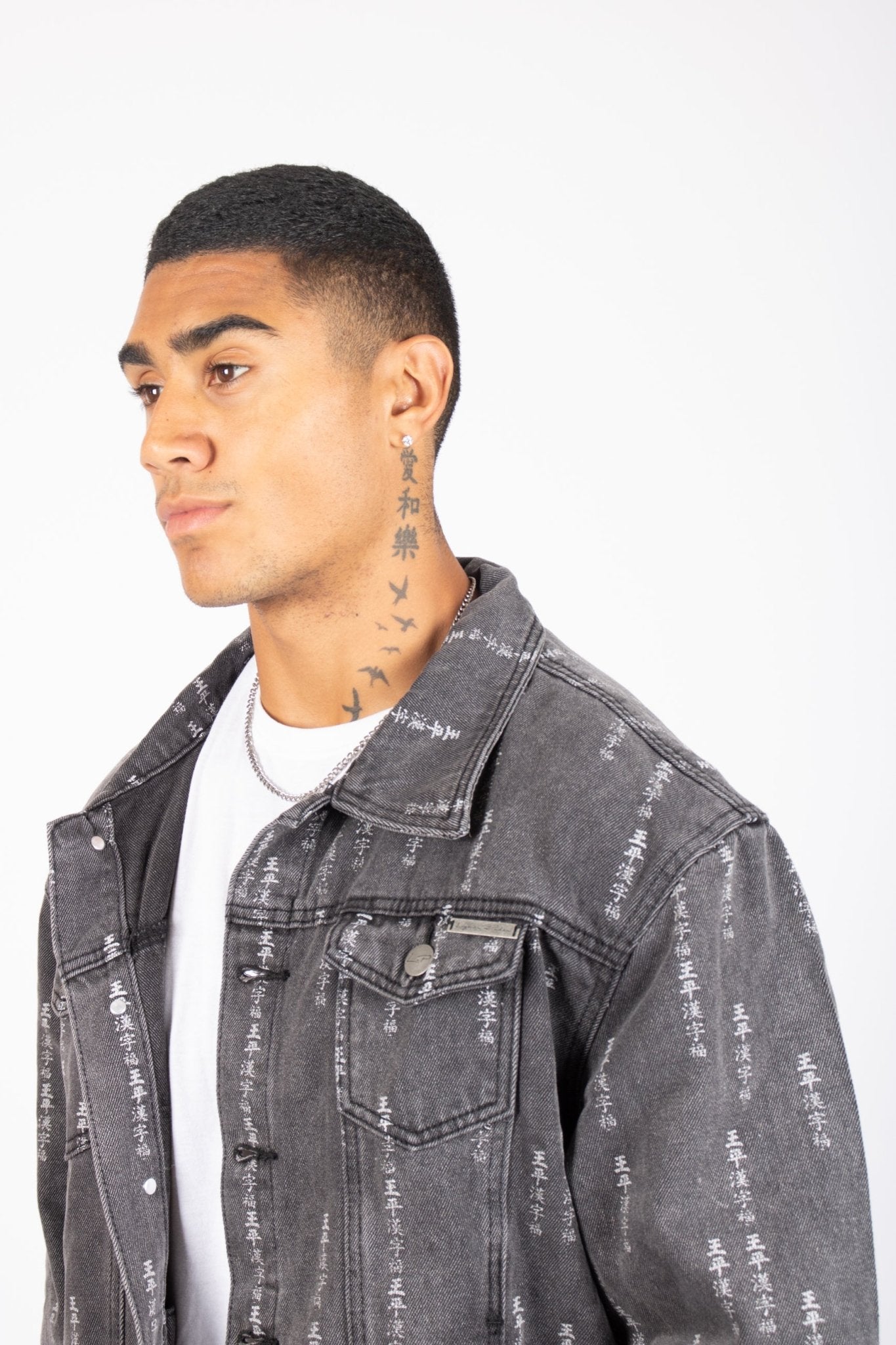 All - Over Japanese Text Oversized Washed Black Trucker Jacket - Liquor n Poker