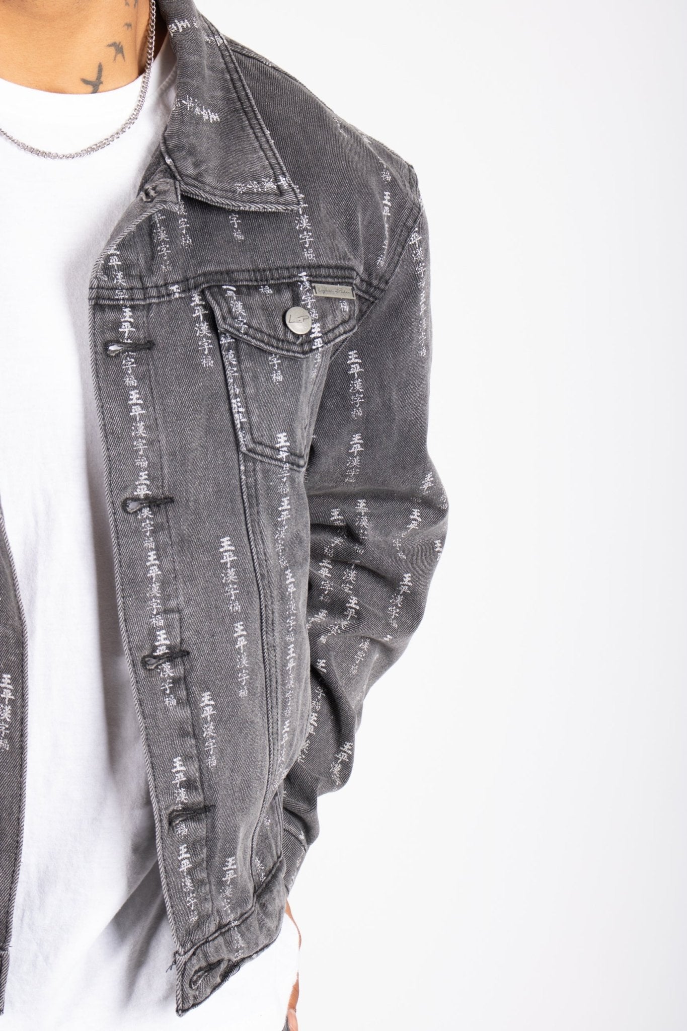 All - Over Japanese Text Oversized Washed Black Trucker Jacket - Liquor n Poker