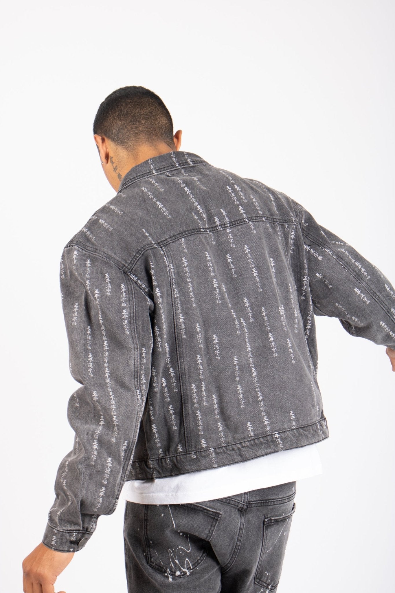 All - Over Japanese Text Oversized Washed Black Trucker Jacket - Liquor n Poker