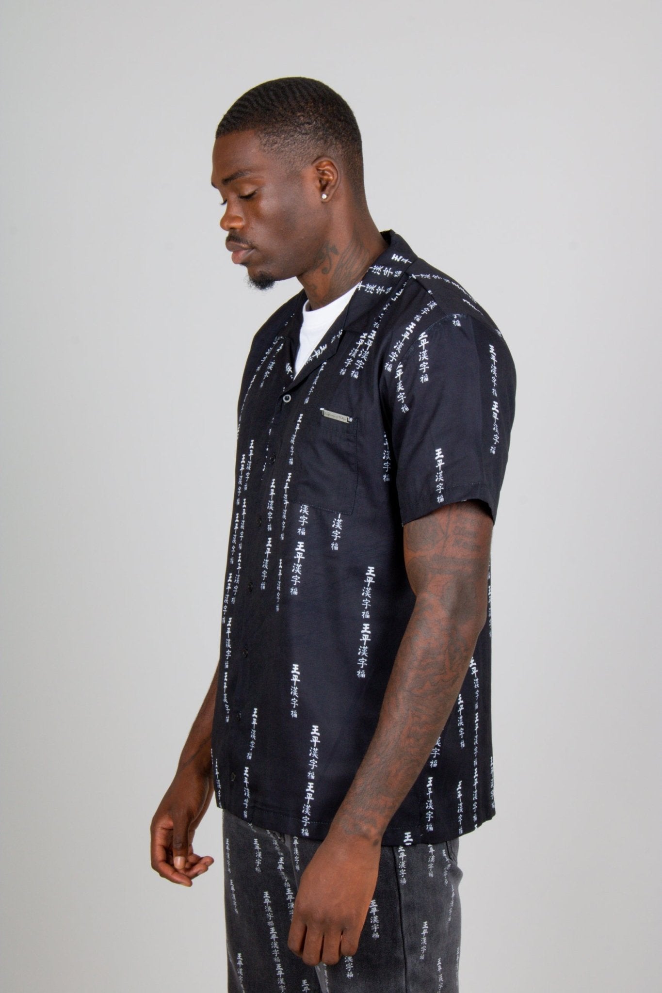 All - Over Japanese Text Short Sleeve Black Shirt - Liquor n Poker