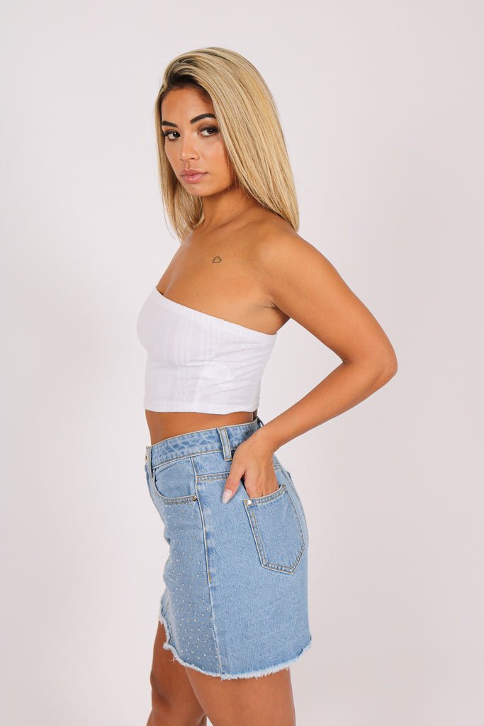 Anais Glitzy Glam Denim Mini Skirt In Vintage Stonewash - Liquor n Poker