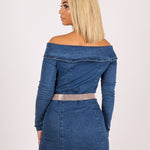 Anais Off The Shoulder Denim Mini Dress With Diamante Belt - Liquor n Poker