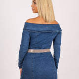 Anais Off The Shoulder Denim Mini Dress With Diamante Belt - Liquor n Poker