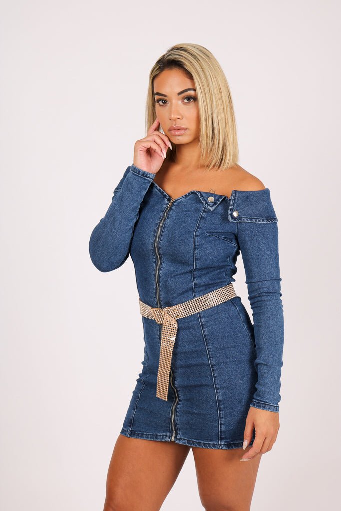 Anais Off The Shoulder Denim Mini Dress With Diamante Belt - Liquor n Poker