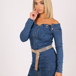 Anais Off The Shoulder Denim Mini Dress With Diamante Belt - Liquor n Poker