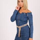 Anais Off The Shoulder Denim Mini Dress With Diamante Belt - Liquor n Poker