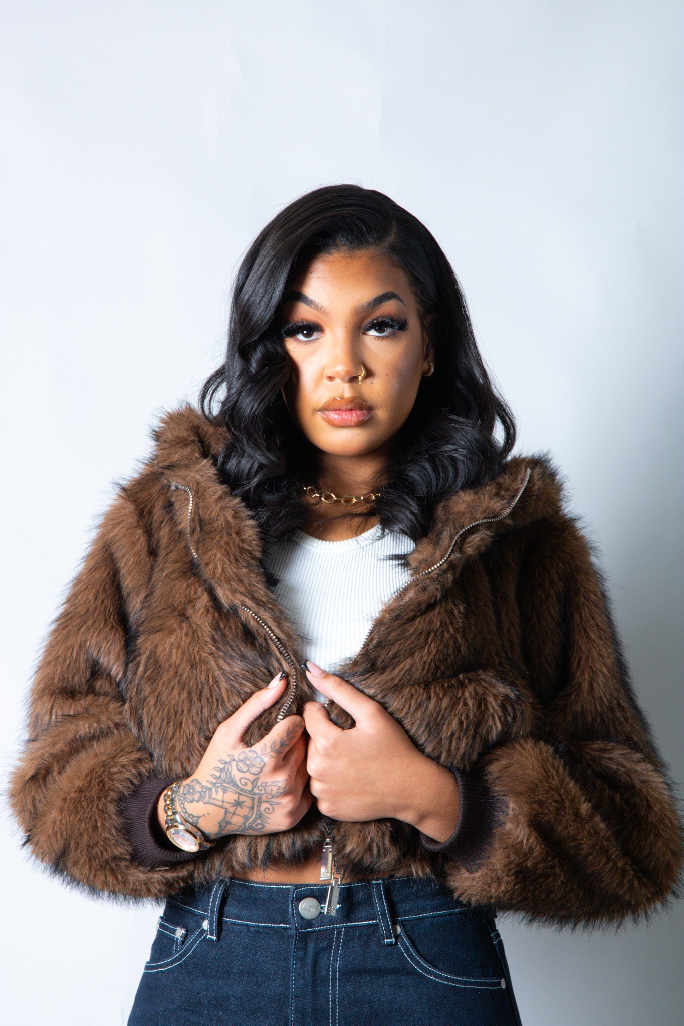 Ava Cropped Fur Hooded Jacket in Brown - Liquor n Poker