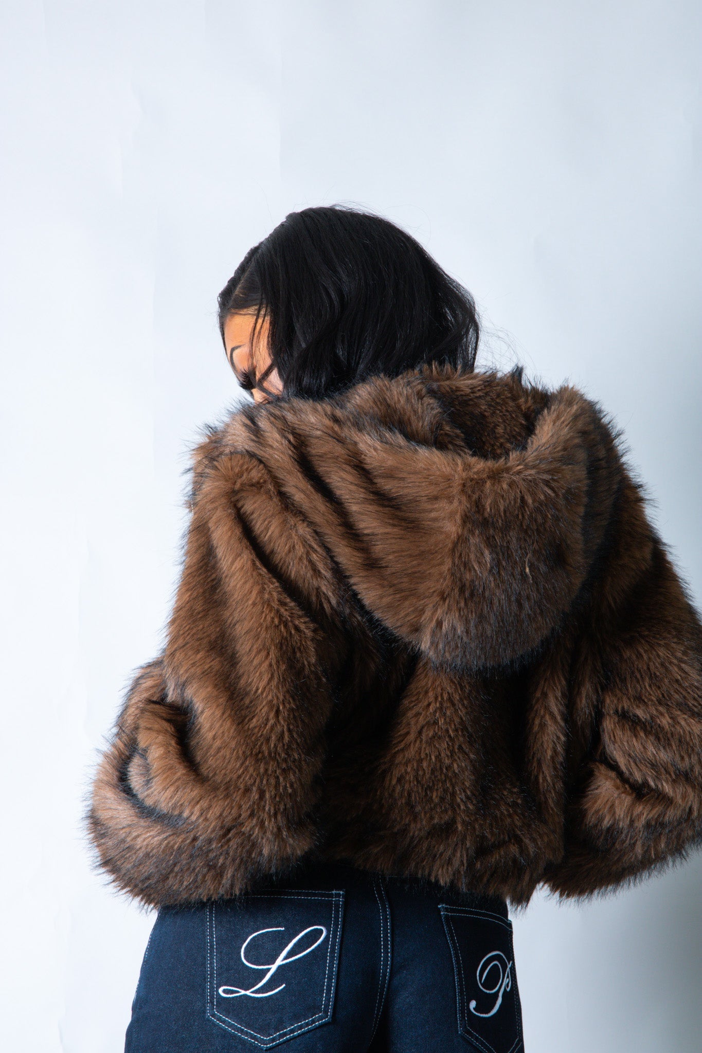 Ava Cropped Fur Hooded Jacket in Brown - Liquor n Poker