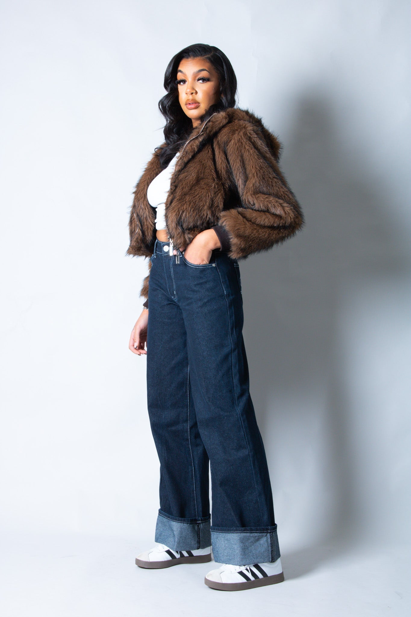 Ava Cropped Fur Hooded Jacket in Brown - Liquor n Poker