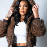 Ava Cropped Fur Hooded Jacket in Brown - Liquor n Poker
