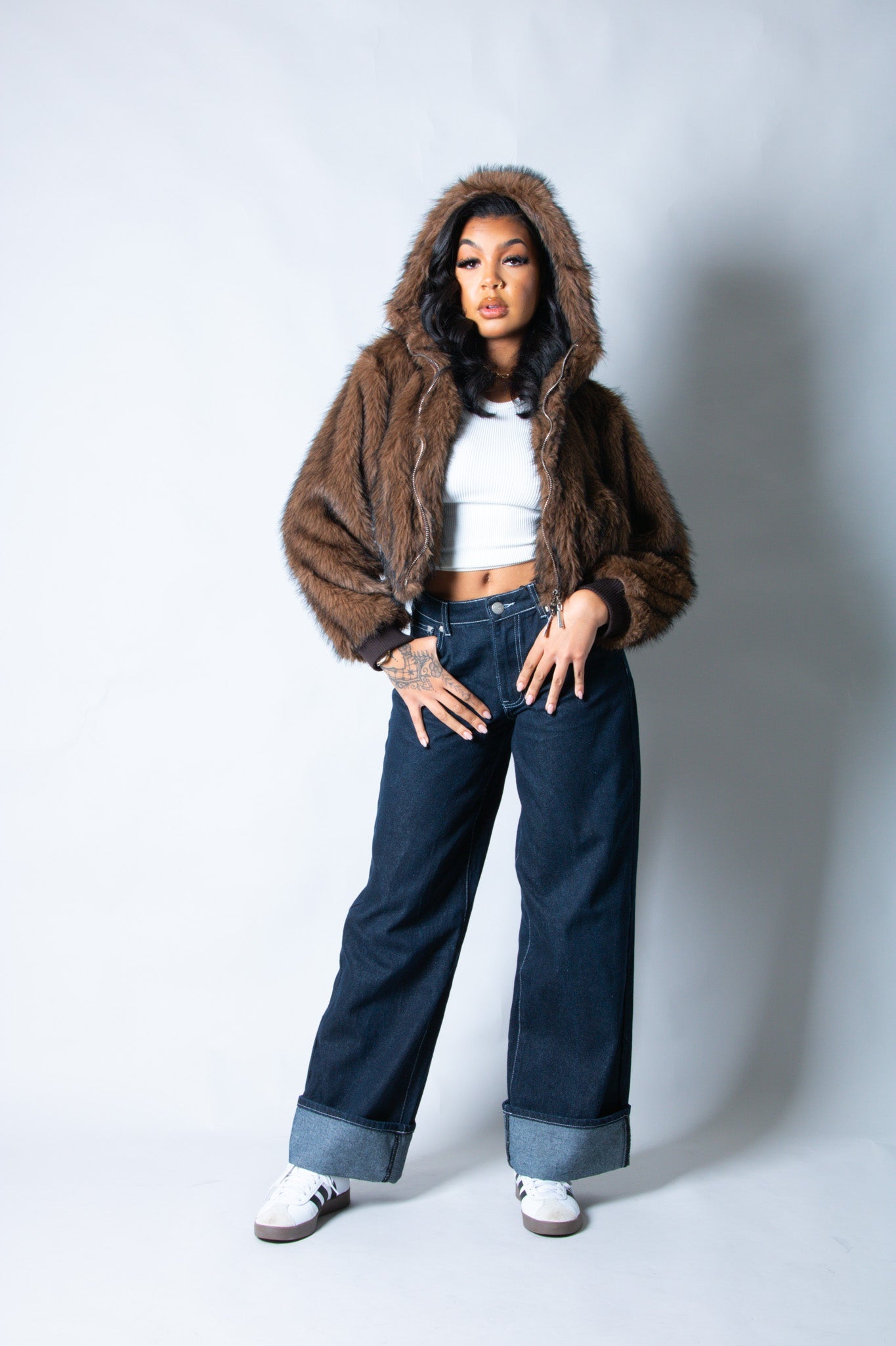 Ava Cropped Fur Hooded Jacket in Brown - Liquor n Poker