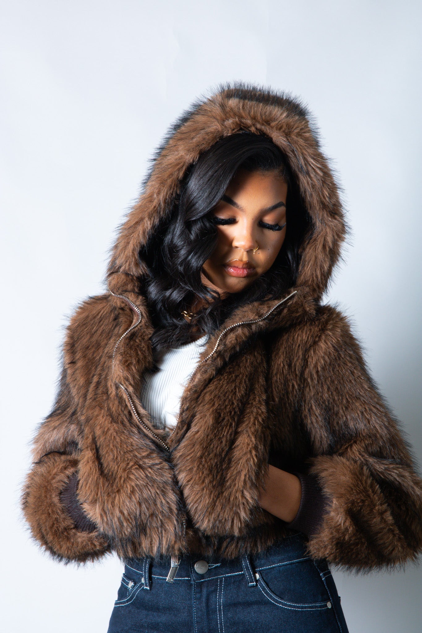 Ava Cropped Fur Hooded Jacket in Brown - Liquor n Poker