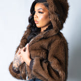 Ava Cropped Fur Hooded Jacket in Brown - Liquor n Poker