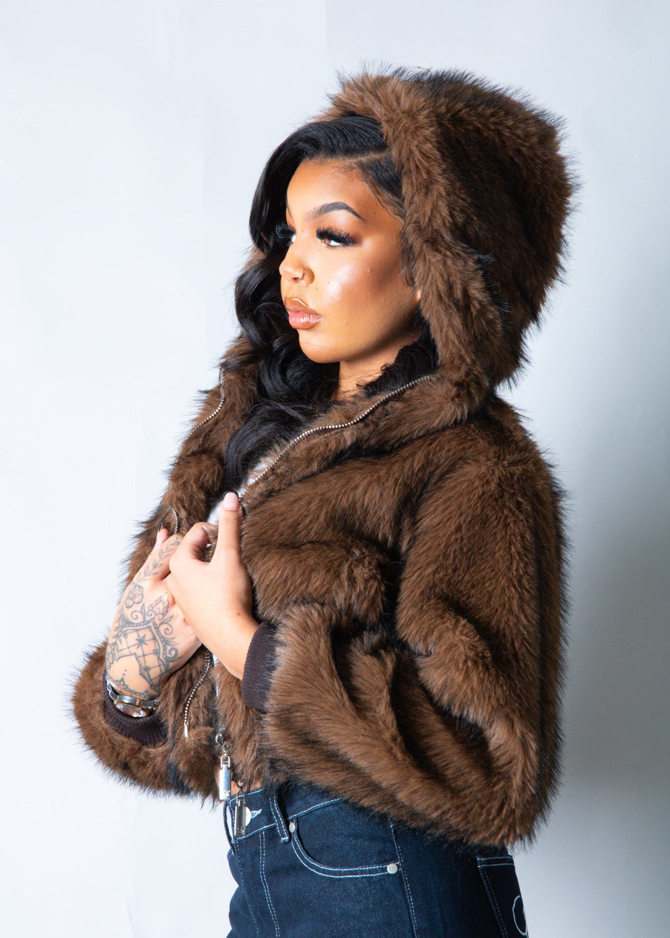 Ava Cropped Fur Hooded Jacket in Brown - Liquor n Poker