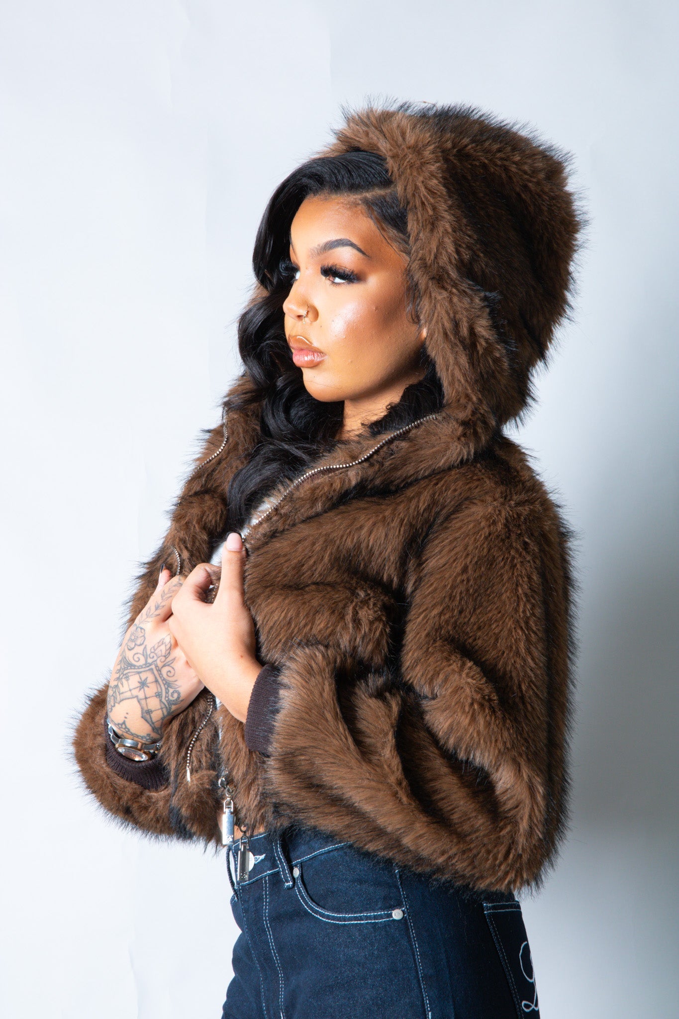 Ava Cropped Fur Hooded Jacket in Brown - Liquor n Poker