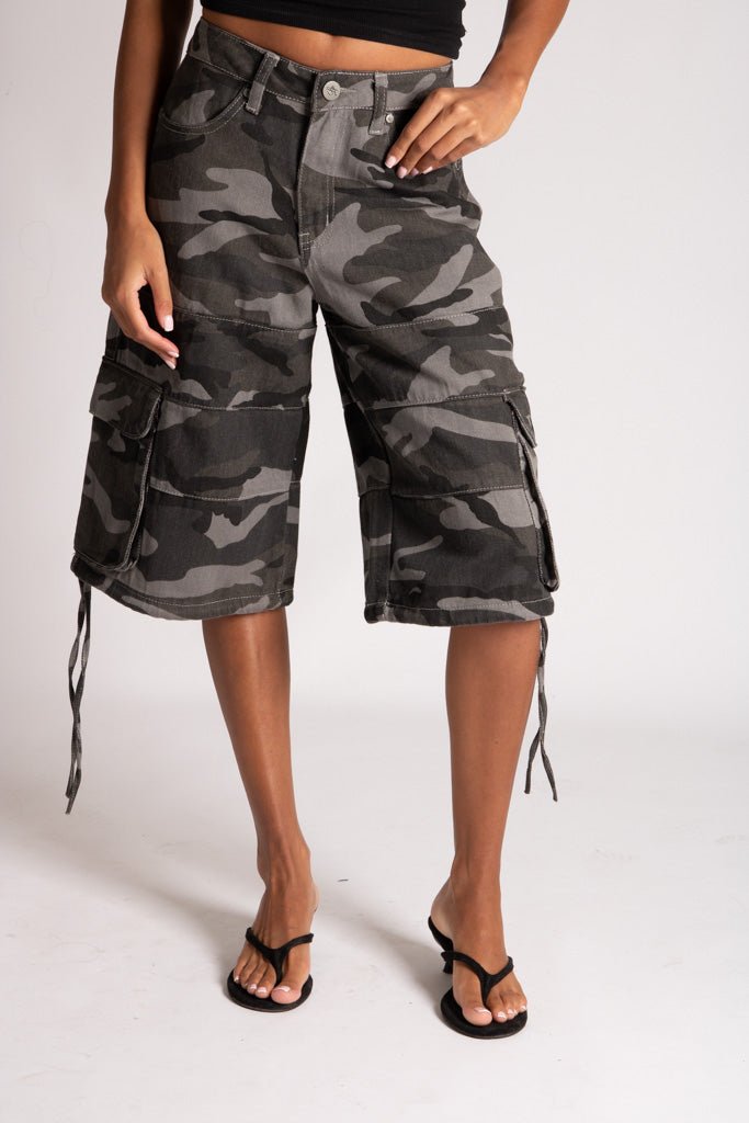 Baggy Cargo Camo Jorts in Black/Grey Tonal - Liquor n Poker