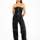 Bandeau Black Denim Contrast Stitch Jumpsuit - Liquor n Poker