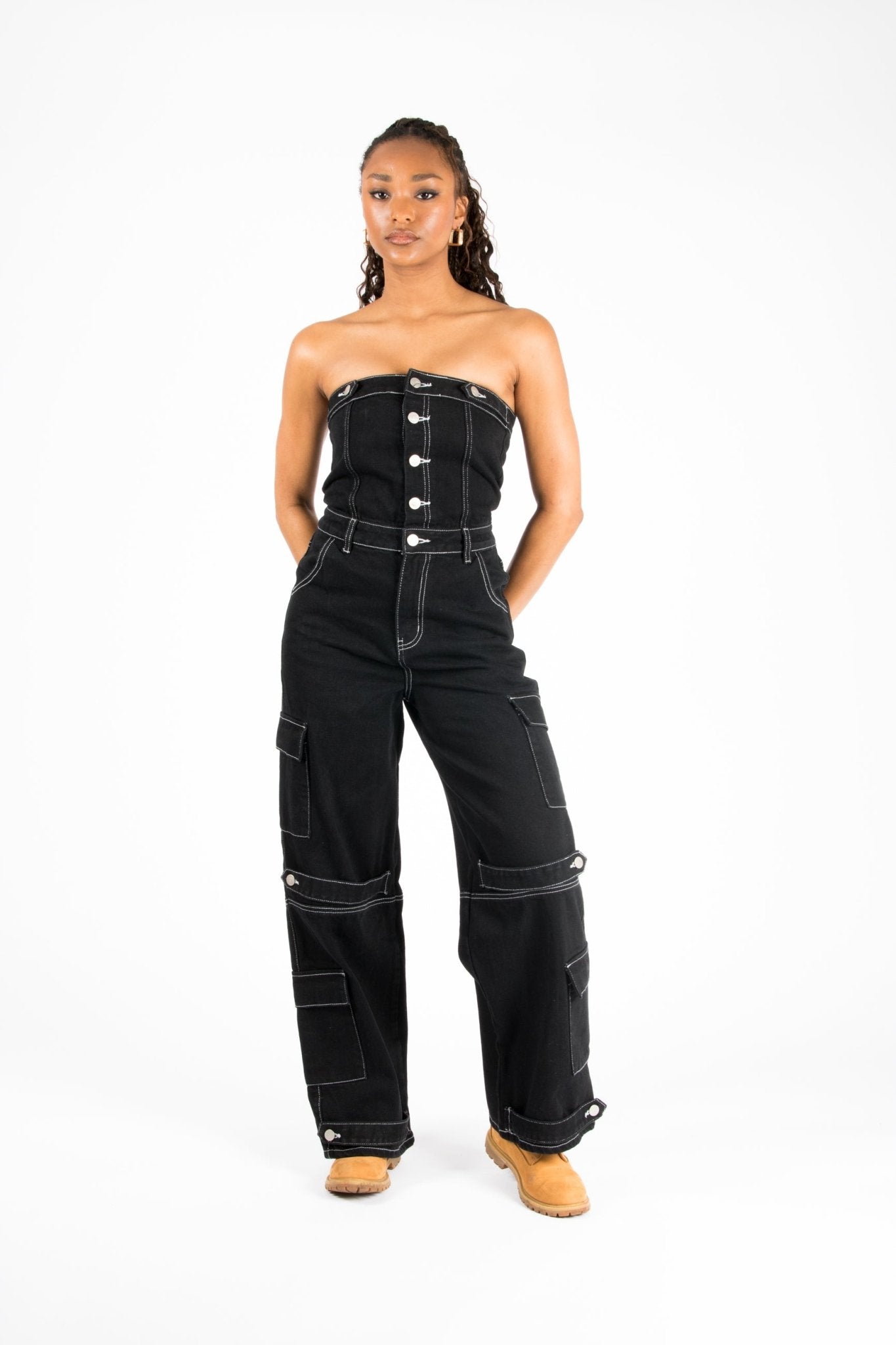 Bandeau Black Denim Contrast Stitch Jumpsuit - Liquor n Poker