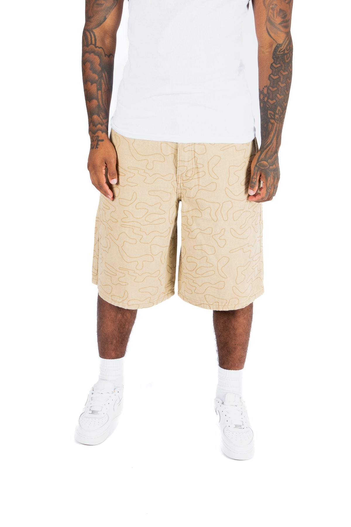 Beige Camo Relaxed Denim Jorts - Liquor n Poker