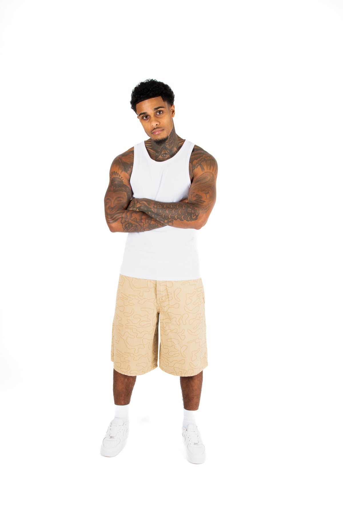 Beige Camo Relaxed Denim Jorts - Liquor n Poker