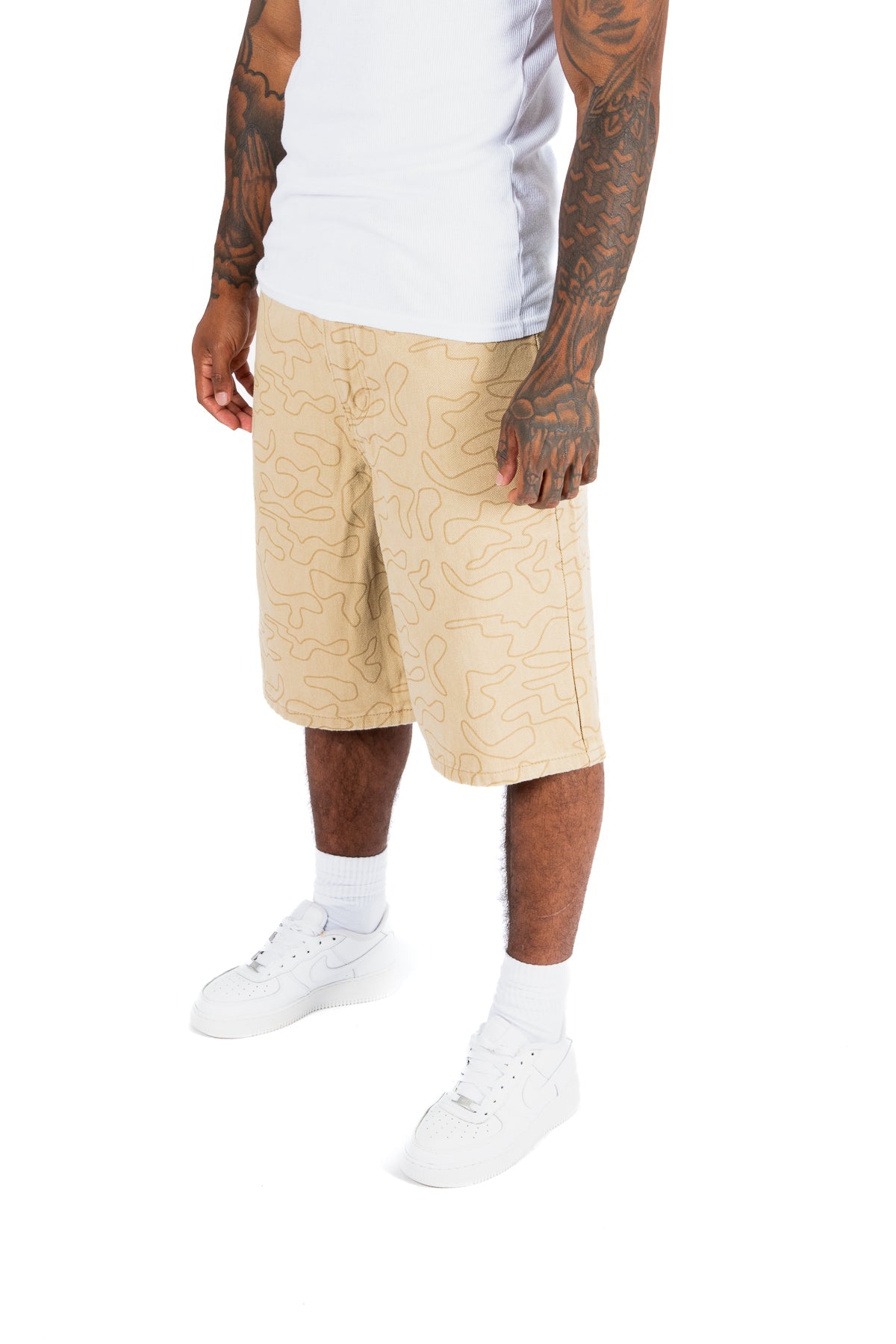 Beige Camo Relaxed Denim Jorts - Liquor n Poker