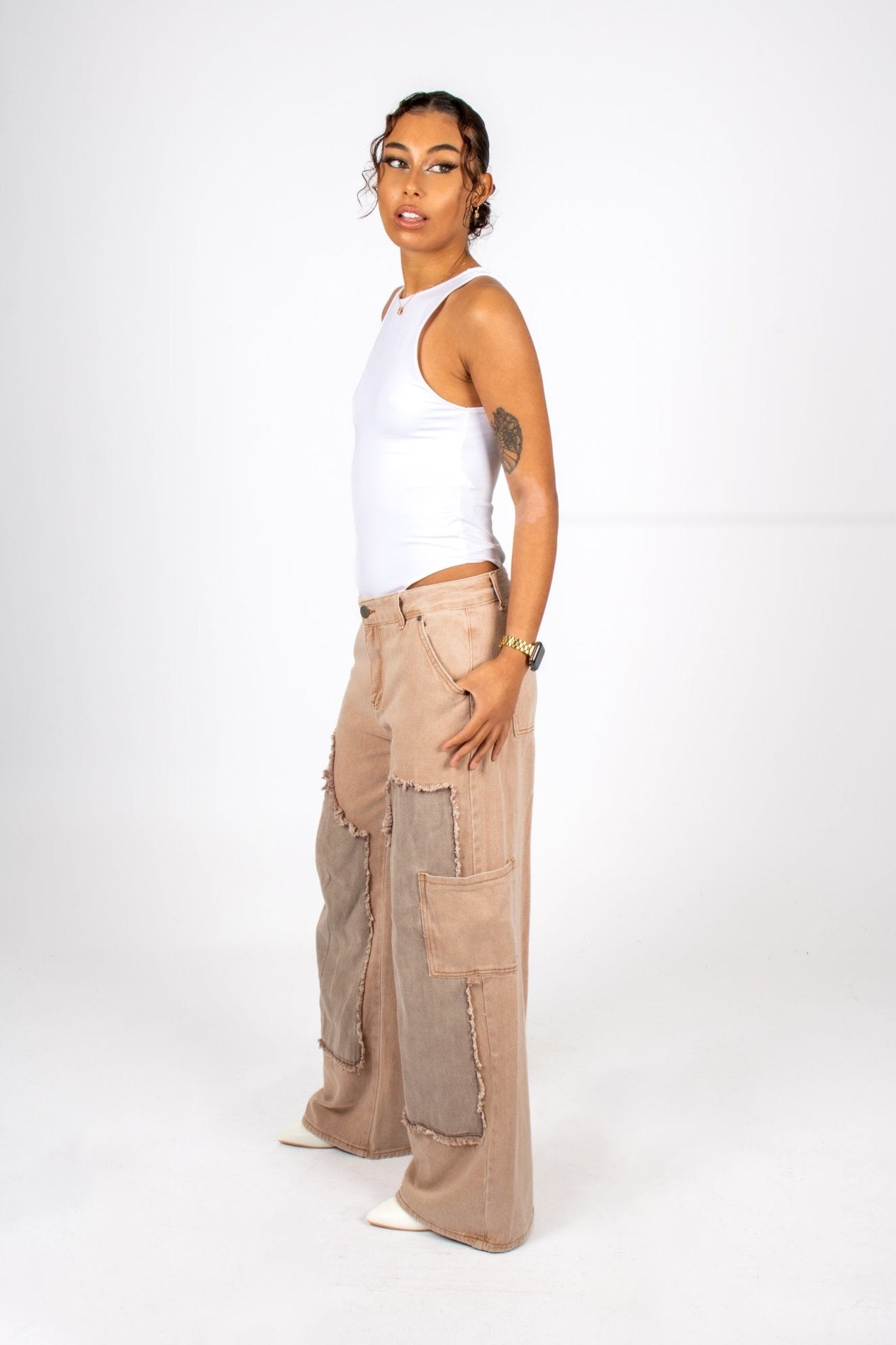 Beige Mid Rise Carpenter Wide Leg Jean - Liquor n Poker
