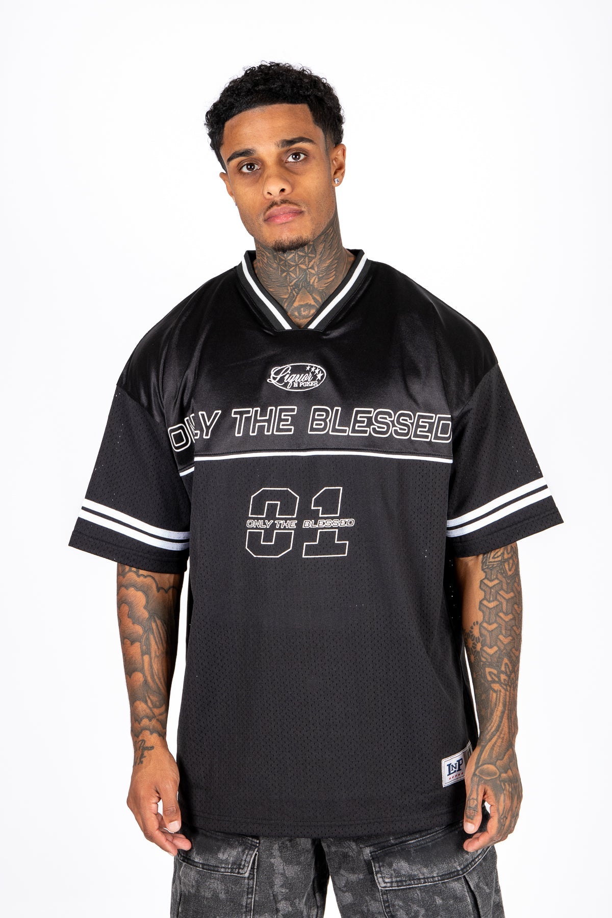 Black 'Blessed' Varsity Tee - Liquor n Poker