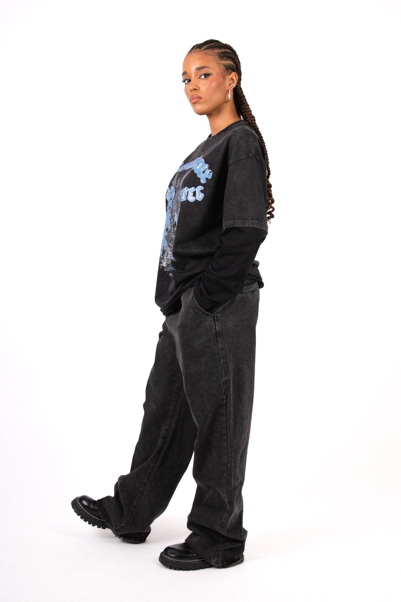 Black & Blue Graphic Printed 'Repentance' Motif Double Layered Long Sleeve T-Shirt - Liquor n Poker